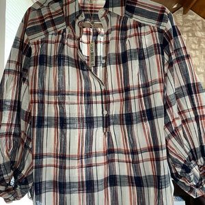 MAX STUDIO- Plaid Balloon Sleeve Top